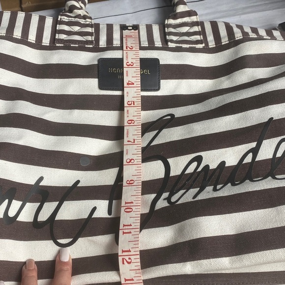 Henri Bendel Striped Canvas Tote Bag Brown White Signature Large - Picture 12 of 15